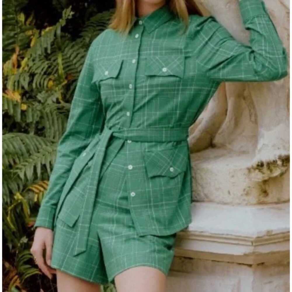 Pearl By Lela Rose Seersucker Plaid Top Women's Green Size Large - Picture 2 of 6